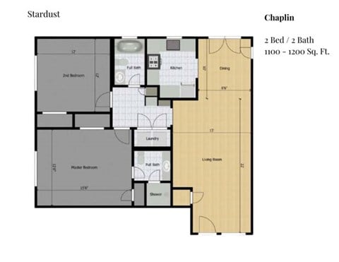 Floor plan for 2 beds, 2 baths, 1100 sqft